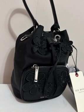 Ted Baker Sandalwood Nylon Drawstring Bucket Sholulder Bag Floral Appliqué Mini